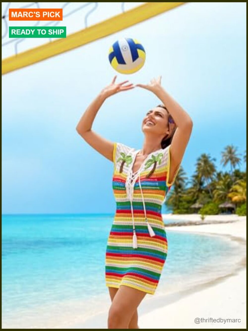Crochet Beach Cover Up Dress, Striped Swimsuit Coverup with 3D Palm Tree, Deep - Picture 3 of 7